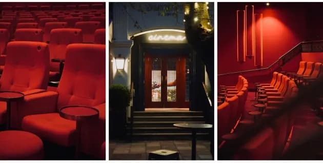 A triptych of images showing different views of a cinema, including an empty auditorium with red seats, the exterior entrance at night, and another view of the red-lit auditorium.